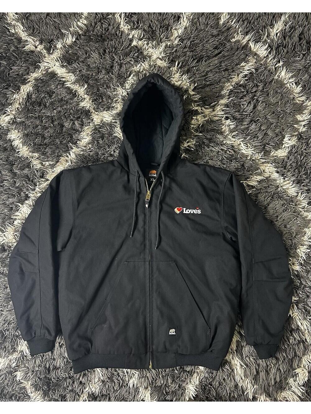 Berne Workwear Mens XL Black Duck Canvas Hooded Jacket Loves Travel Stops Bomber